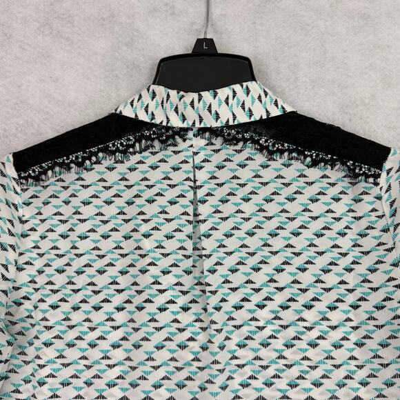 Candie’s XS Geometric Button Blouse Lace Shoulder Long Roll Tab Sleeve Top - Picture 9 of 13